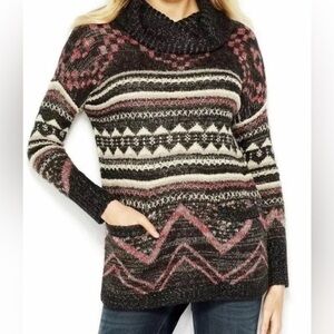 Lucky Brand Aztec Tribal Pattern Pocket Cowl Neck Pullover Sweater Sz XSmall NWT